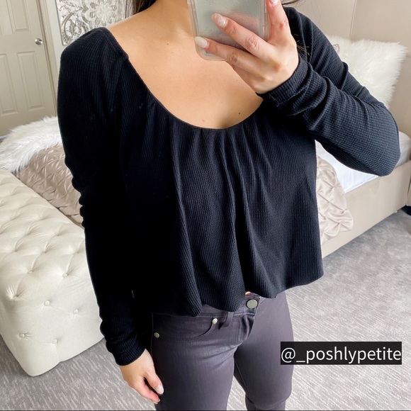 Free People Waffle Knit Thermal Long Sleeve black crop Top - Picture 5 of 15